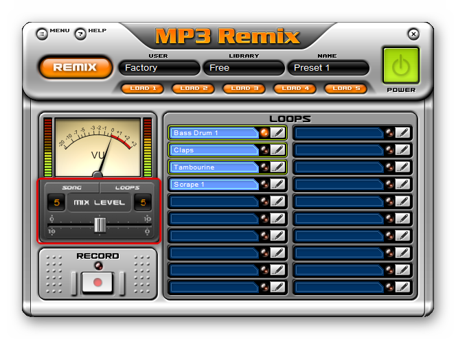 Настройка баланса громкости между музыкальной композицией и эффектами в MP3 Remix